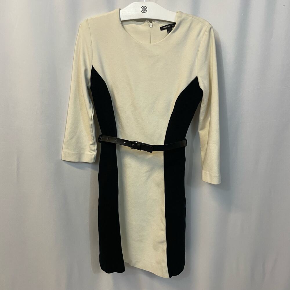 Mango White Long Sleeve Structured Sheath Dress Black Panels Belt Medium